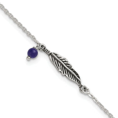 Sterling Silver Antiqued Blue Lapis/Feather 9 inch Plus 1 inch Extender - Total 10 inch Anklet
