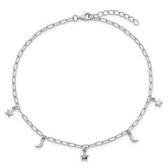 Sterling Silver Rhodium-plated Moon and Star 9 inch Plus 1 inch Extender - Total 10 inch Anklet