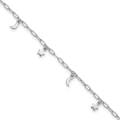Sterling Silver Rhodium-plated Moon and Star 9 inch Plus 1 inch Extender - Total 10 inch Anklet