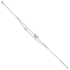 Sterling Silver Rhodium-plated CZ Butterflies 2-Strand 9 inch Plus 1 inch Extender - Total 10 inch Anklet
