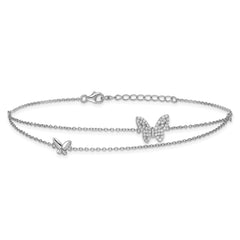 Sterling Silver Rhodium-plated CZ Butterflies 2-Strand 9 inch Plus 1 inch Extender - Total 10 inch Anklet