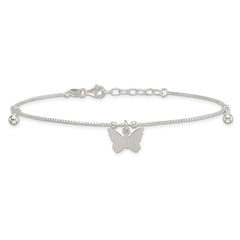 Sterling Silver Beaded Butterfly 9 inch Plus 1 inch Extender - Total 10 inch Anklet