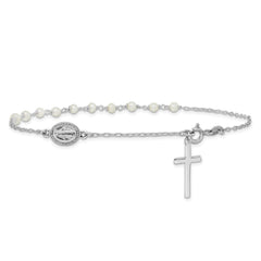 Sterling Silver Rhodium-plated Polished Freshwater Cultured Pearl Cross and Miraculous Medal 10 Inch Anklet