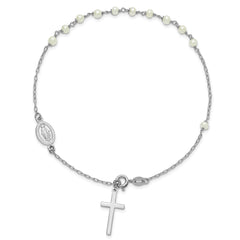 Sterling Silver Rhodium-plated Polished Freshwater Cultured Pearl Cross and Miraculous Medal 10 Inch Anklet