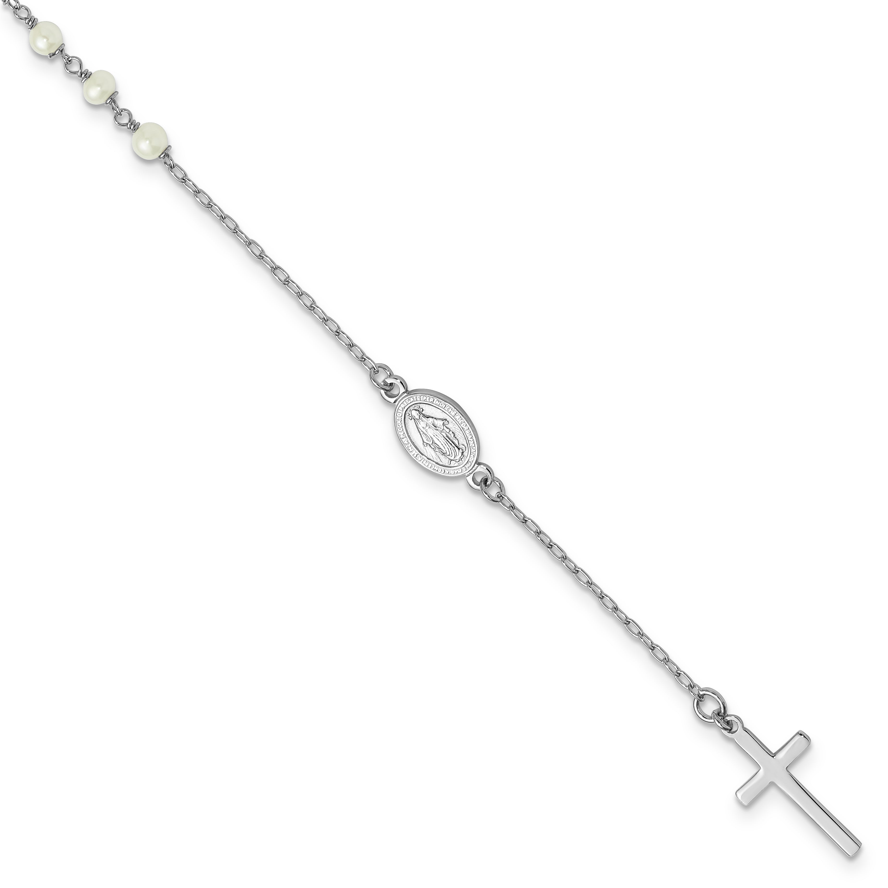 Sterling Silver Rhodium-plated Polished Freshwater Cultured Pearl Cross and Miraculous Medal 10 Inch Anklet