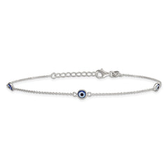 Sterling Silver Glass Evil Eye 3-Station 9 inch Plus 1 inch Extender - Total 10 inch Anklet