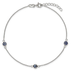 Sterling Silver Glass Evil Eye 3-Station 9 inch Plus 1 inch Extender - Total 10 inch Anklet