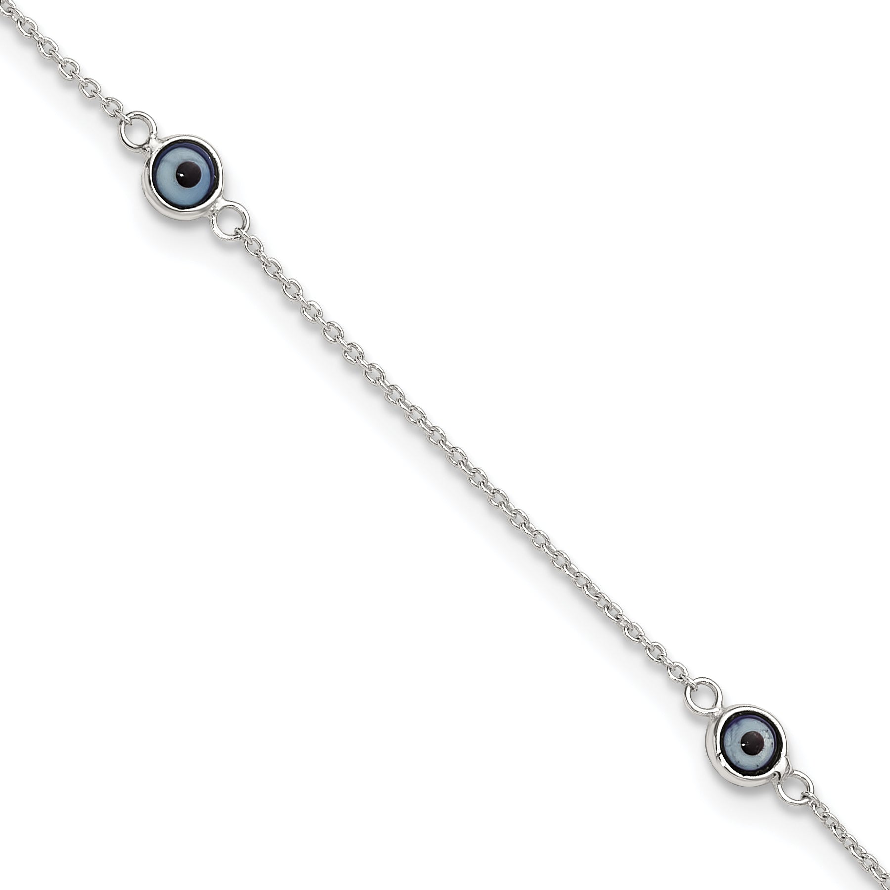 Sterling Silver Glass Evil Eye 3-Station 9 inch Plus 1 inch Extender - Total 10 inch Anklet