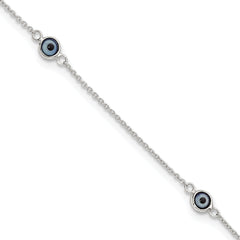 Sterling Silver Glass Evil Eye 3-Station 9 inch Plus 1 inch Extender - Total 10 inch Anklet
