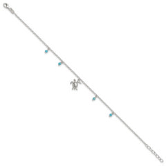 Sterling Silver Turquoise Beads and Turtle 9 inch Plus 1 inch Extender - Total 10 inch Anklet