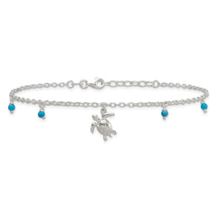 Sterling Silver Turquoise Beads and Turtle 9 inch Plus 1 inch Extender - Total 10 inch Anklet