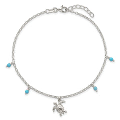 Sterling Silver Turquoise Beads and Turtle 9 inch Plus 1 inch Extender - Total 10 inch Anklet