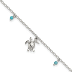 Sterling Silver Turquoise Beads and Turtle 9 inch Plus 1 inch Extender - Total 10 inch Anklet