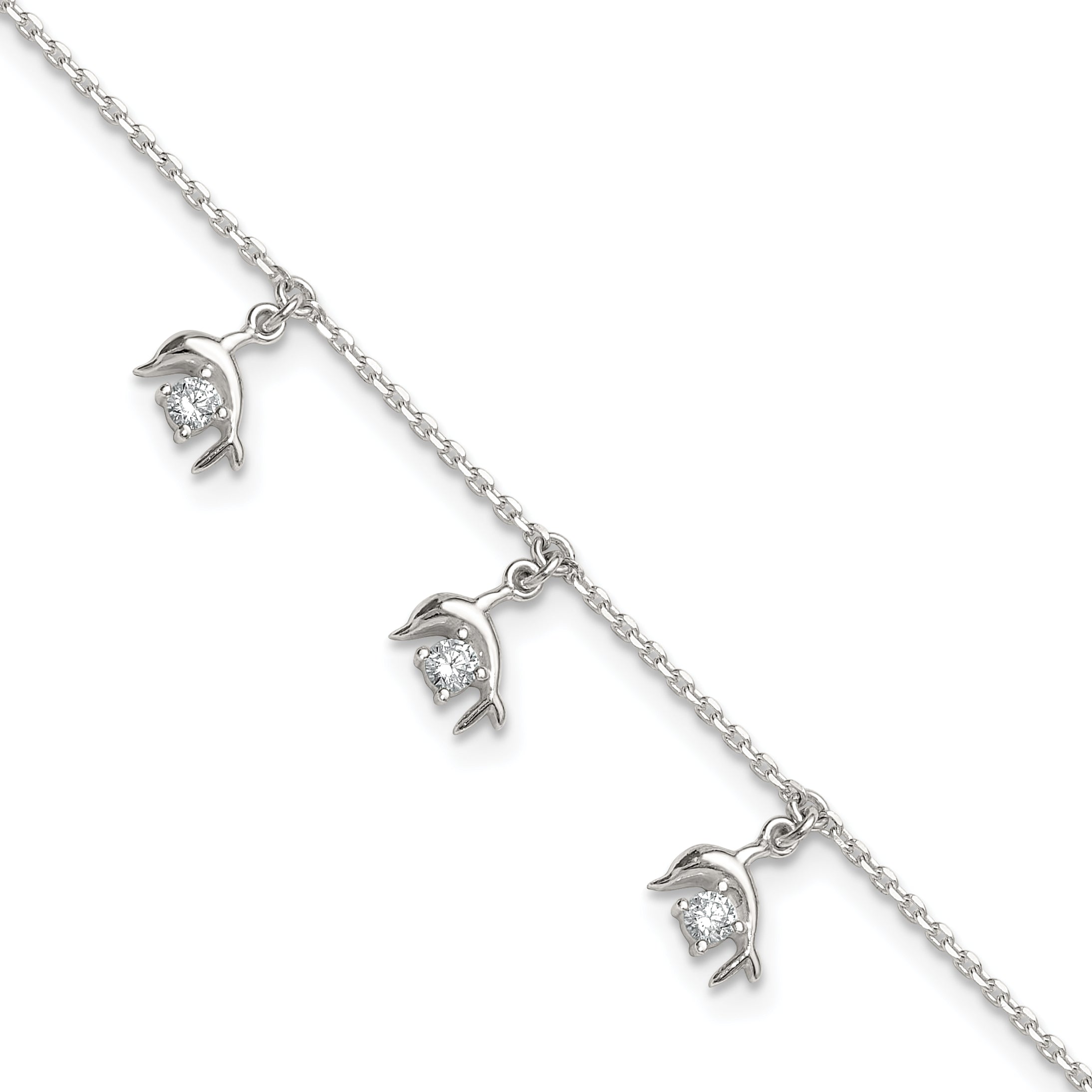 Sterling Silver CZ Dolphin Charms 9 inch Plus 1 inch Extender - Total 10 inch Anklet