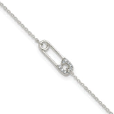 Sterling Silver CZ Safety Pin 9 Inch Plus 1 Inch Extender - Total 10 inch Anklet