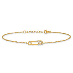 Sterling Silver Gold-tone CZ Safety Pin 9 inch Plus 1 inch Extender - Total 10 inch Anklet