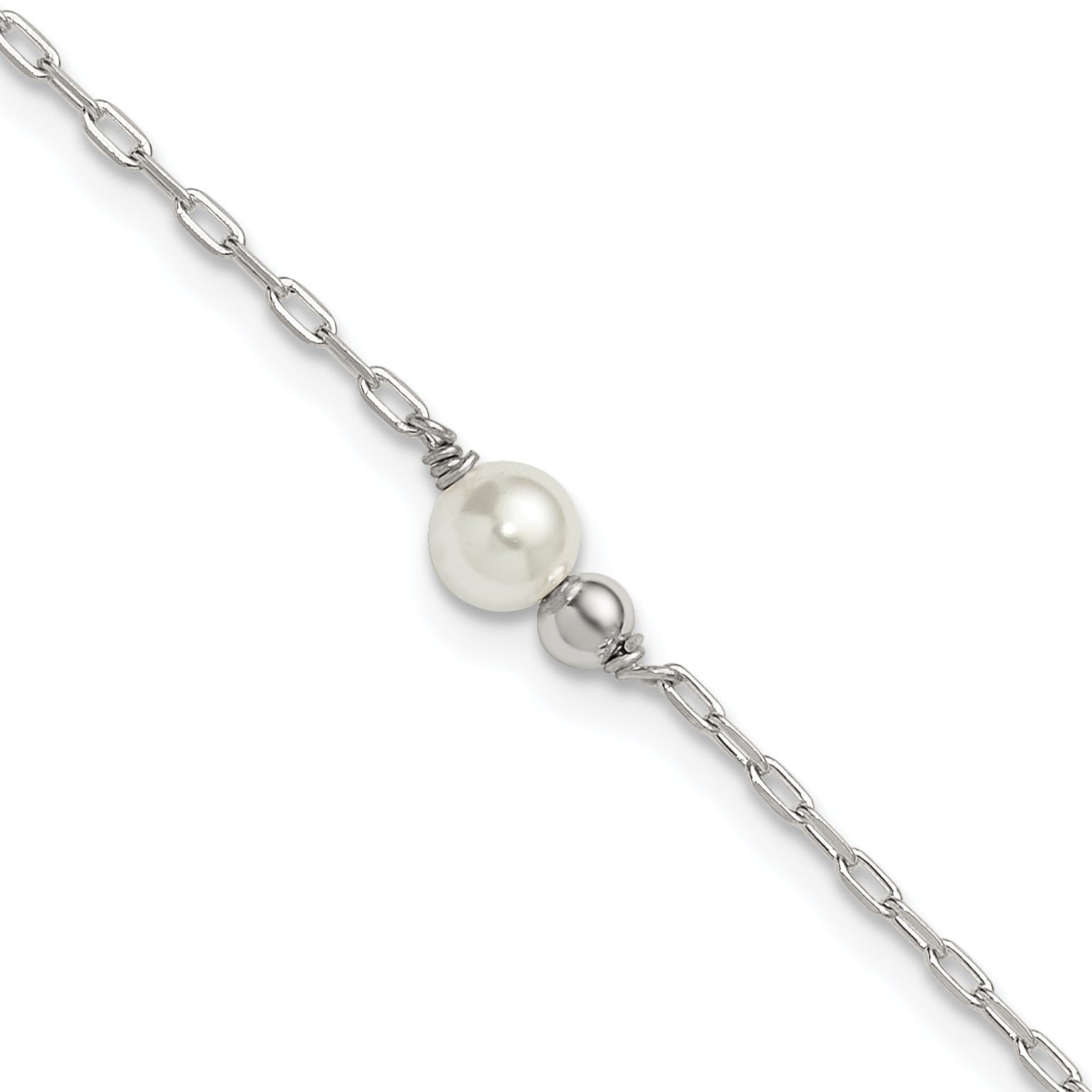 Sterling Silver Bead and Glass Pearl 9 inch Plus 1 inch Extender - Total 10 inch Anklet