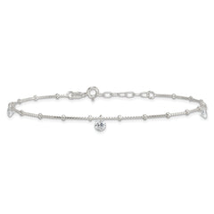 Sterling Silver Beaded CZ 9 inch Plus 1 inch Extender - Total 10 inch Anklet