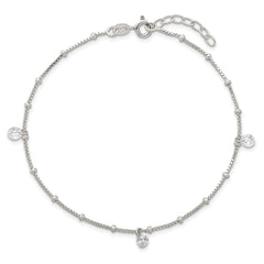 Sterling Silver Beaded CZ 9 inch Plus 1 inch Extender - Total 10 inch Anklet