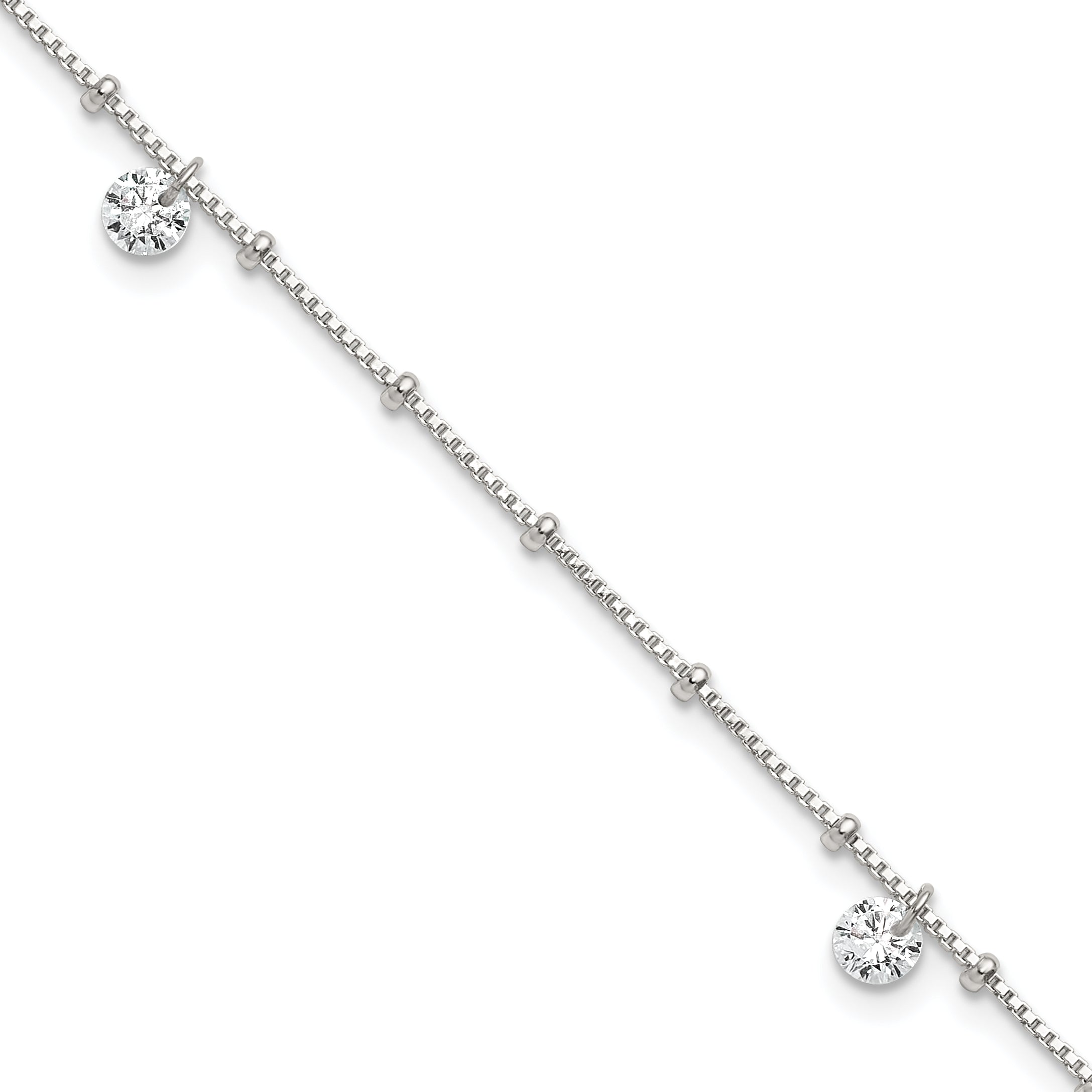 Sterling Silver Beaded CZ 9 inch Plus 1 inch Extender - Total 10 inch Anklet