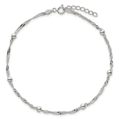 Sterling Silver Beaded 6-Station 9 inch Plus 1 inch Extender - Total 10 inch Anklet
