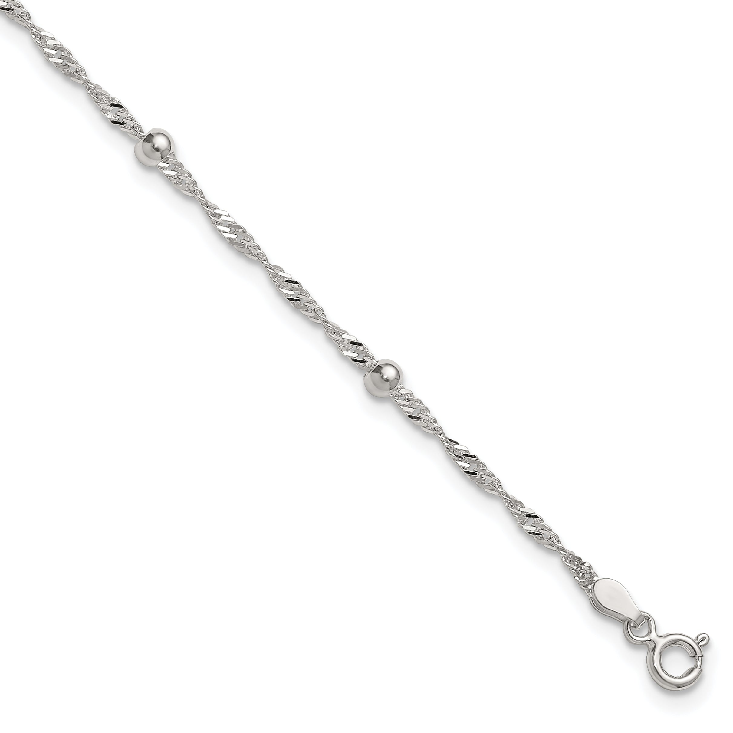 Sterling Silver Beaded 6-Station 9 inch Plus 1 inch Extender - Total 10 inch Anklet