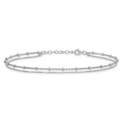 Sterling Silver Rhodium-plated Beaded 2-Strand 9 inch Plus 1 inch Extender - Total 10 inch Anklet
