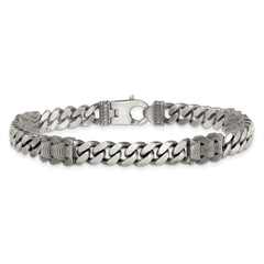 Sterling Silver Black Ruthenium-plated Brushed and Textured Fancy Flat Curb Chain Mens 8.5 inch Bracelet