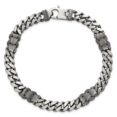 Sterling Silver Black Ruthenium-plated Brushed and Textured Fancy Flat Curb Chain Mens 8.5 inch Bracelet