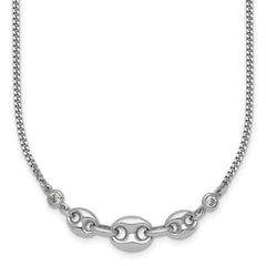 Sterling Silver Rhodium-plated Puffed Mariner Center with Side CZs 16 inch with 2 inch Extender Necklace