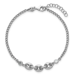 Sterling Silver Rhodium-plated Puffed Mariner Center with Side CZs 7 inch with 1 inch Extender Bracelet
