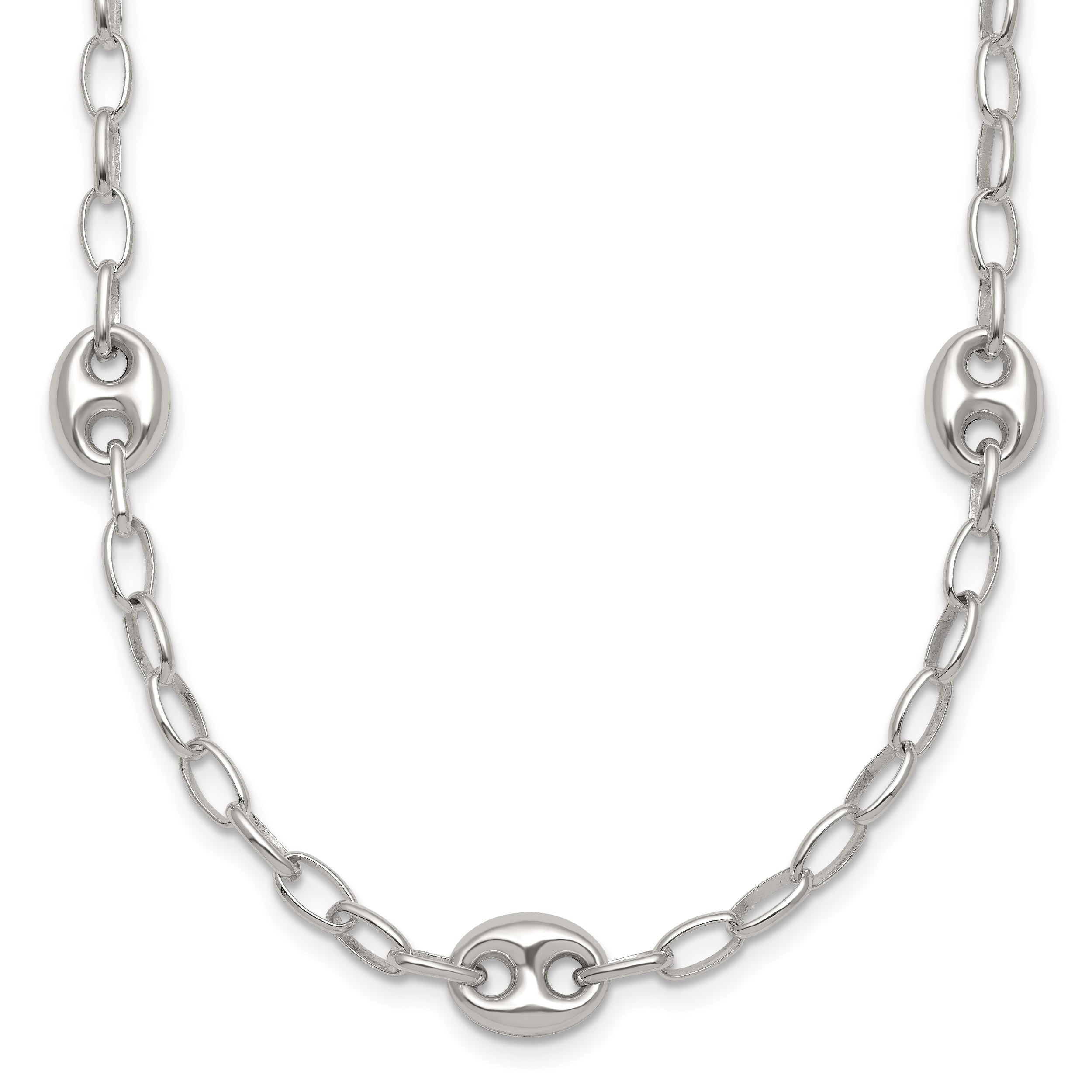 Sterling Silver Puffed Anchor/Mariner Link and Chain 7-Station 17 inch with 1.5 inch Extension Necklace