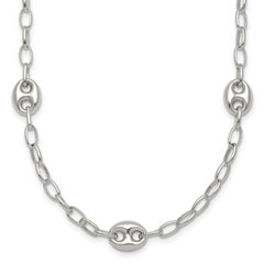 Sterling Silver Puffed Anchor/Mariner Link and Chain 7-Station 17 inch with 1.5 inch Extension Necklace