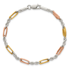 Sterling Silver Rose-tone and Gold-tone Polished 4.0mm Figaro Rope 7.5 Inch Bracelet