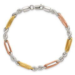 Sterling Silver Rose-tone and Gold-tone Polished 4.5mm Figaro Rope 7.5 Inch Bracelet