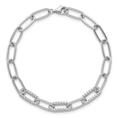 Sterling Silver Rhodium-plated Polished Fancy CZ Paperclip Chain 7 Inch Bracelet