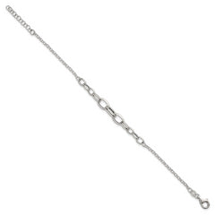 Sterling Silver Polished Fancy Graduated Cable Link 7 Inch with 1 Inch Extension Bracelet