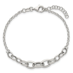 Sterling Silver Polished Fancy Graduated Cable Link 7 Inch with 1 Inch Extension Bracelet