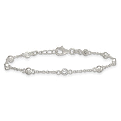 Sterling Silver Polished and Beaded CZ 6.75 inch with 0.5 inch Extension Bracelet