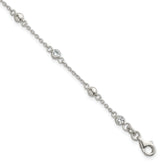Sterling Silver Polished and Beaded CZ 6.75 inch with 0.5 inch Extension Bracelet