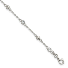 Sterling Silver Polished and Beaded CZ 6.75 inch with 0.5 inch Extension Bracelet