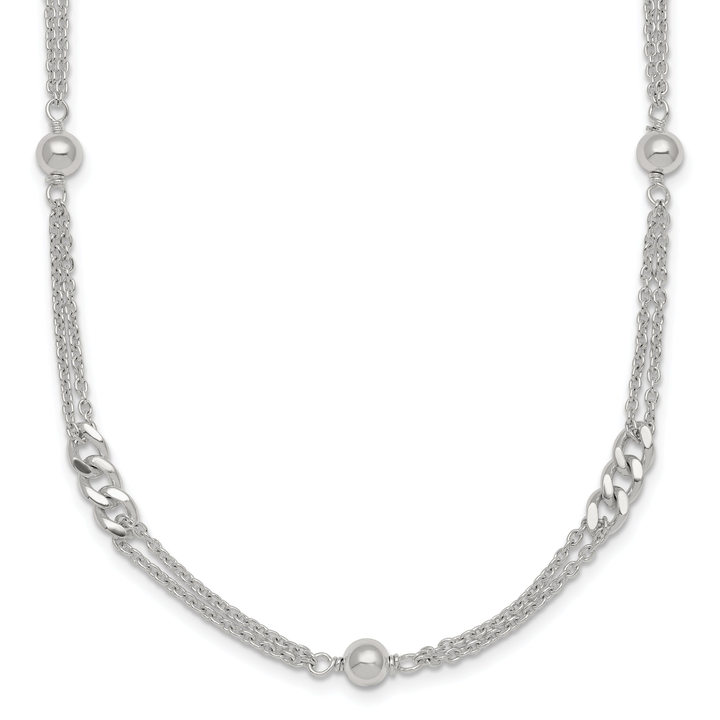 Sterling Silver Polished and Beaded Fancy Double-Strand Link 17.5 inch Necklace