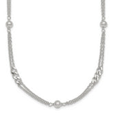 Sterling Silver Polished and Beaded Fancy Double-Strand Link 17.5 inch Necklace