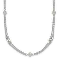 Sterling Silver Polished and Beaded Fancy Double-Strand Link 17.5 inch Necklace