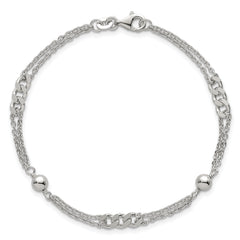 Sterling Silver Polished and Beaded Fancy Double-Strand Link 7.25 inch Bracelet