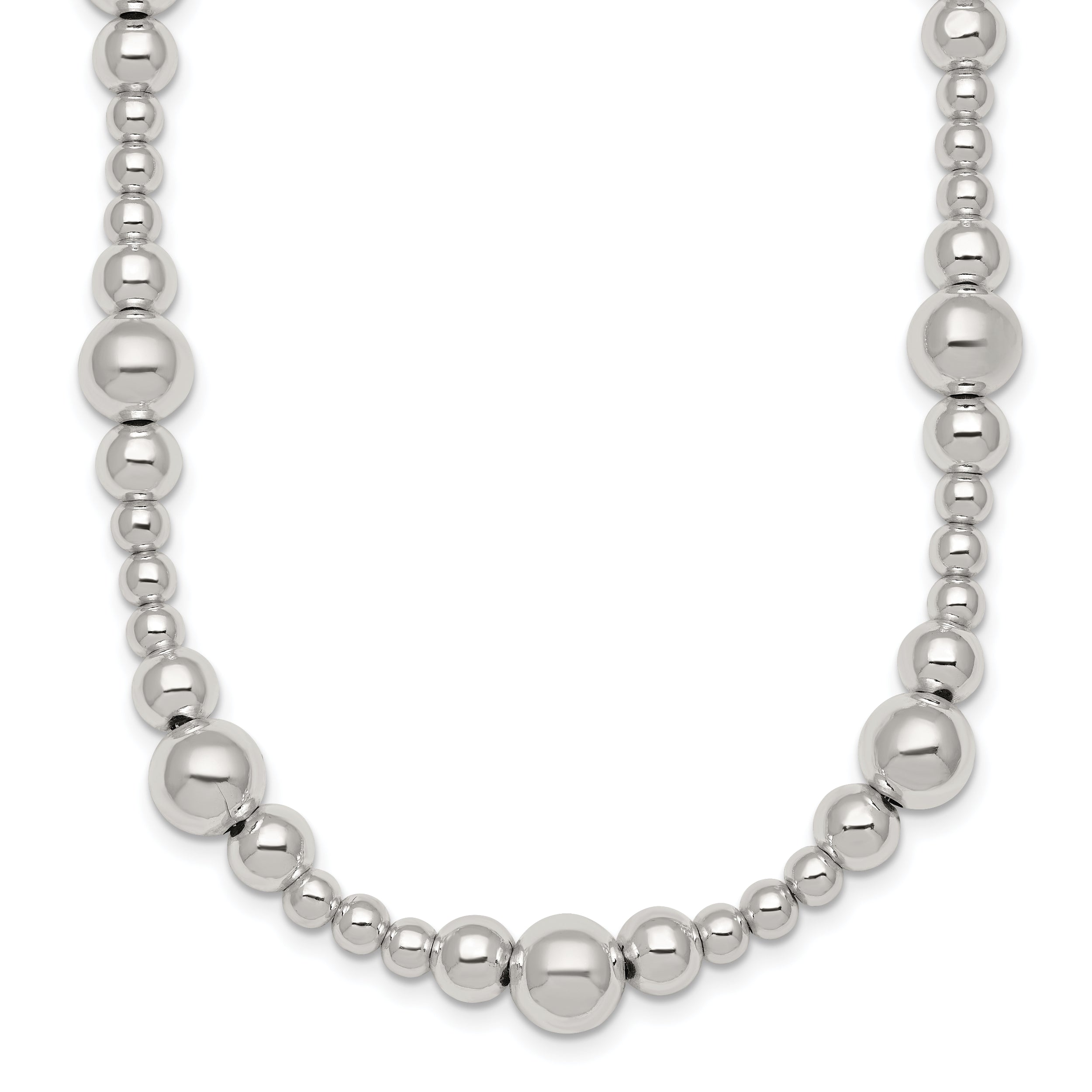Sterling Silver Polished and Multi-Size Beads 17 Inch Necklace