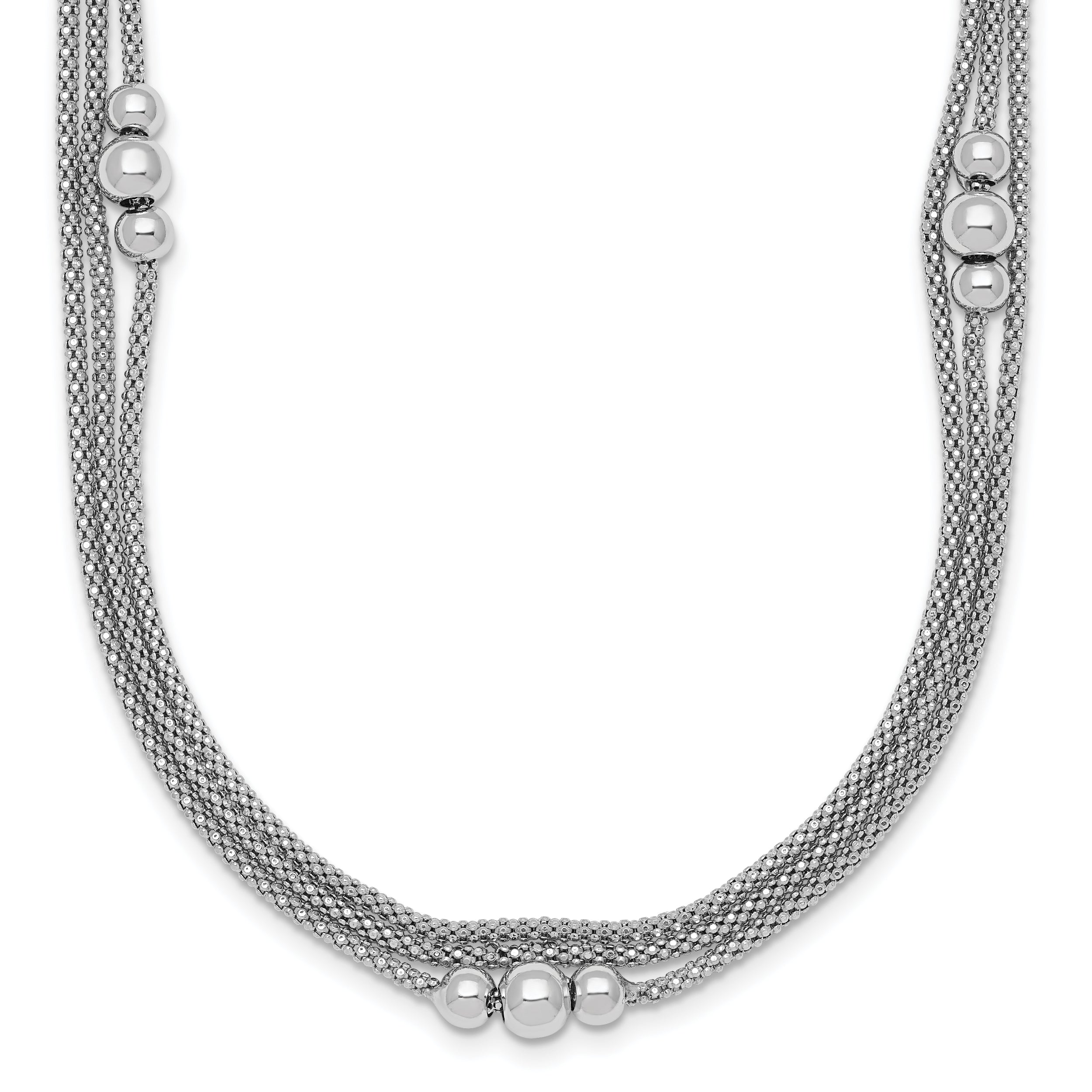 Sterling Silver Rhodium-plated Beaded Triple Strand Mesh 17 inch with 1 inch Extension Necklace