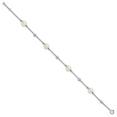 Sterling Silver Rhodium-plated Polished CZ and Shell Pearl 8-Station 7 inch with 0.5 inch Extender Bracelet