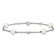 Sterling Silver Rhodium-plated Polished CZ and Shell Pearl 8-Station 7 inch with 0.5 inch Extender Bracelet