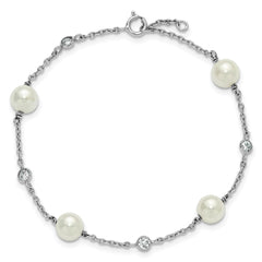 Sterling Silver Rhodium-plated Polished CZ and Shell Pearl 8-Station 7 inch with 0.5 inch Extender Bracelet